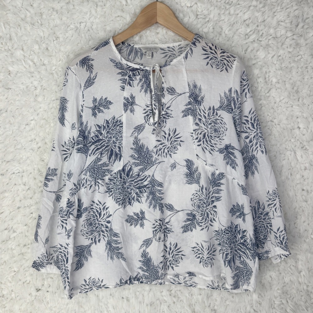 Lucky Brand White Navy Floral Print Tie Neck Blouse Top Women's Plus Size L BOHO